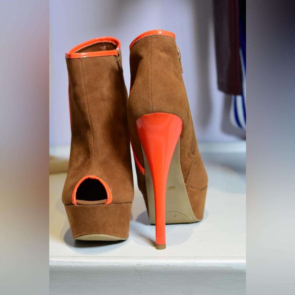 Mochi Brown Suede and Orange Booties